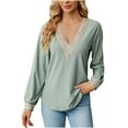 thumbnail image 2 of Azrian Prime Day Today,Women's Fashion Solid V-Neck Lace Long Sleeve Loose T-shirt Top, 2 of 6