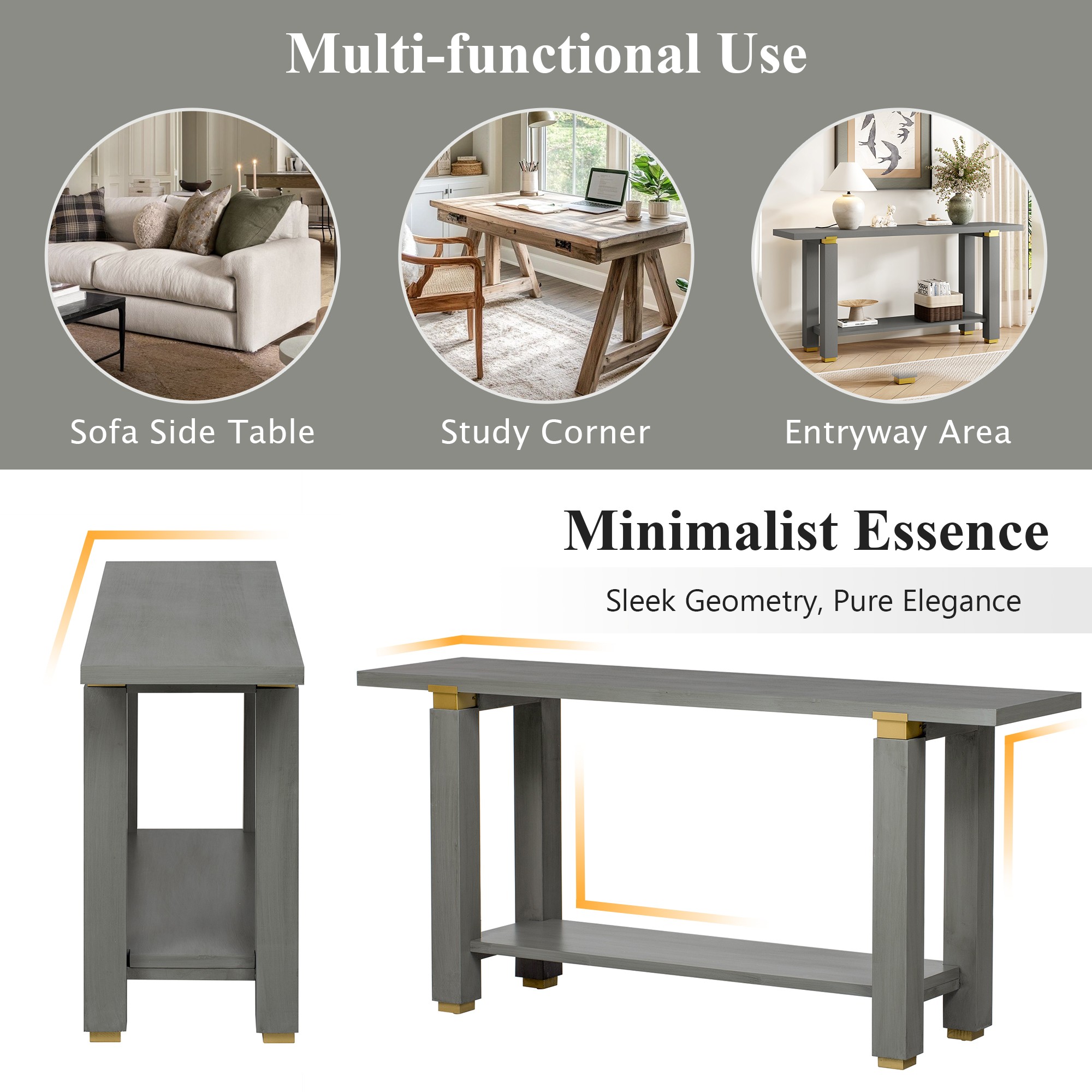 62.9" Modern Minimalist Console Table, Solid Wood Entryway Sofa Table with Metal Accents, Built-in Shelf, for Living Room, Hallway (Gray)