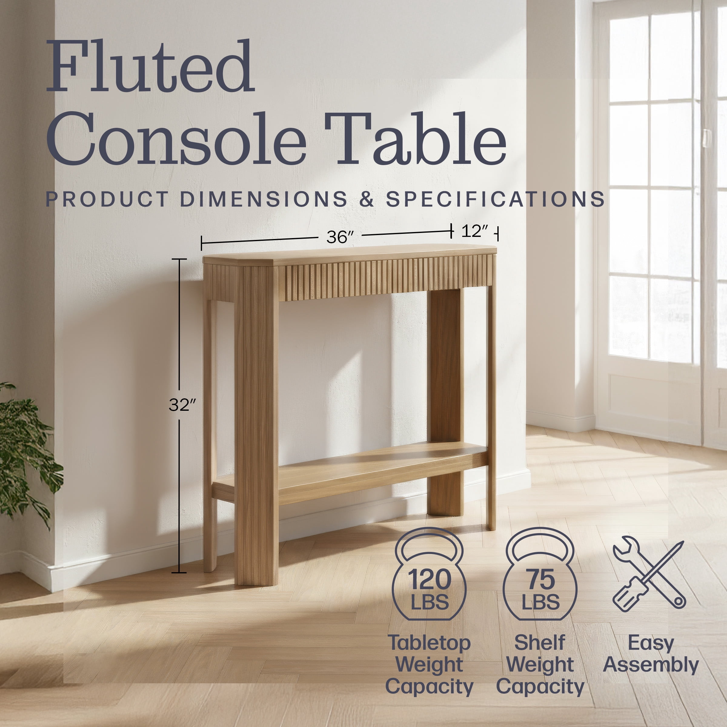Alaterre Furniture Fluted Wood Console Table - 36in Modern Entryway Table with Storage Shelf, Light Oak