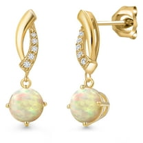 Gem Stone King 10K Yellow Gold White Ethiopian Opal and Lab Grown Diamond Stud Dangle Earrings for Women | 1.17 Cttw | Gemstone October Birthstone | Round Cabochon 6MM