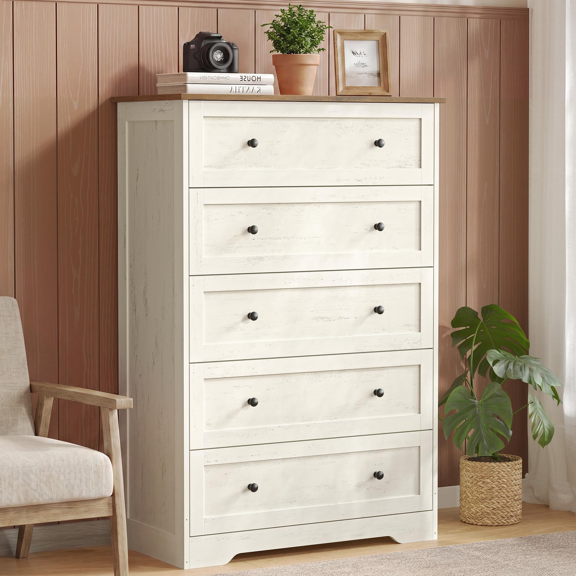 Five Drawer Tall Dresser Chest Storage Cabinet For Bedroom And Living Room High Capacity Wood Clothes Organizer Unit Farmhouse Furniture Rustic White And Honey Brown