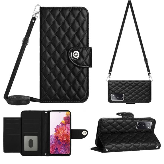 Elegant Case for Samsung S20 FE Wallet Case RFID Blocking Card Slots Holder with Shoulder&Crossbody Strap, Magnetic Folio Kickstand Handbag Flip Phone Cover for Samsung Galaxy S20 FE, Black