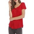 thumbnail image 3 of Mujer Cuello Redondo Top Botón Trim Plisado Busto Manga Corta Tipo Suelto Camiseta Casual Rojo S, 3 of 6