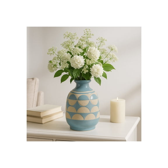 Decorative Half Circles Ceramic Vase for Living Room Decor - Home Decor Accent for Bedroom, Office Desk, and Table Centerpiece - Flower Vase for House Display and Shelf - 10", Blue & Tan
