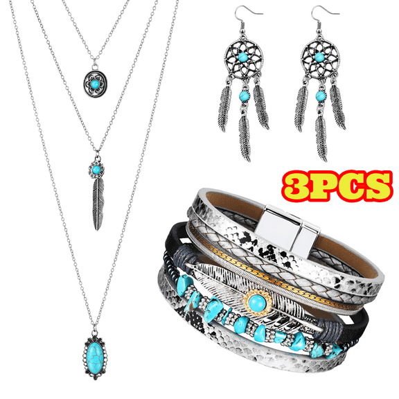 3pcs Western Jewelry Set for Women, Bohemian Pendant Long Choker, Faux Leather Layered Bracelet, Dangle Earrings