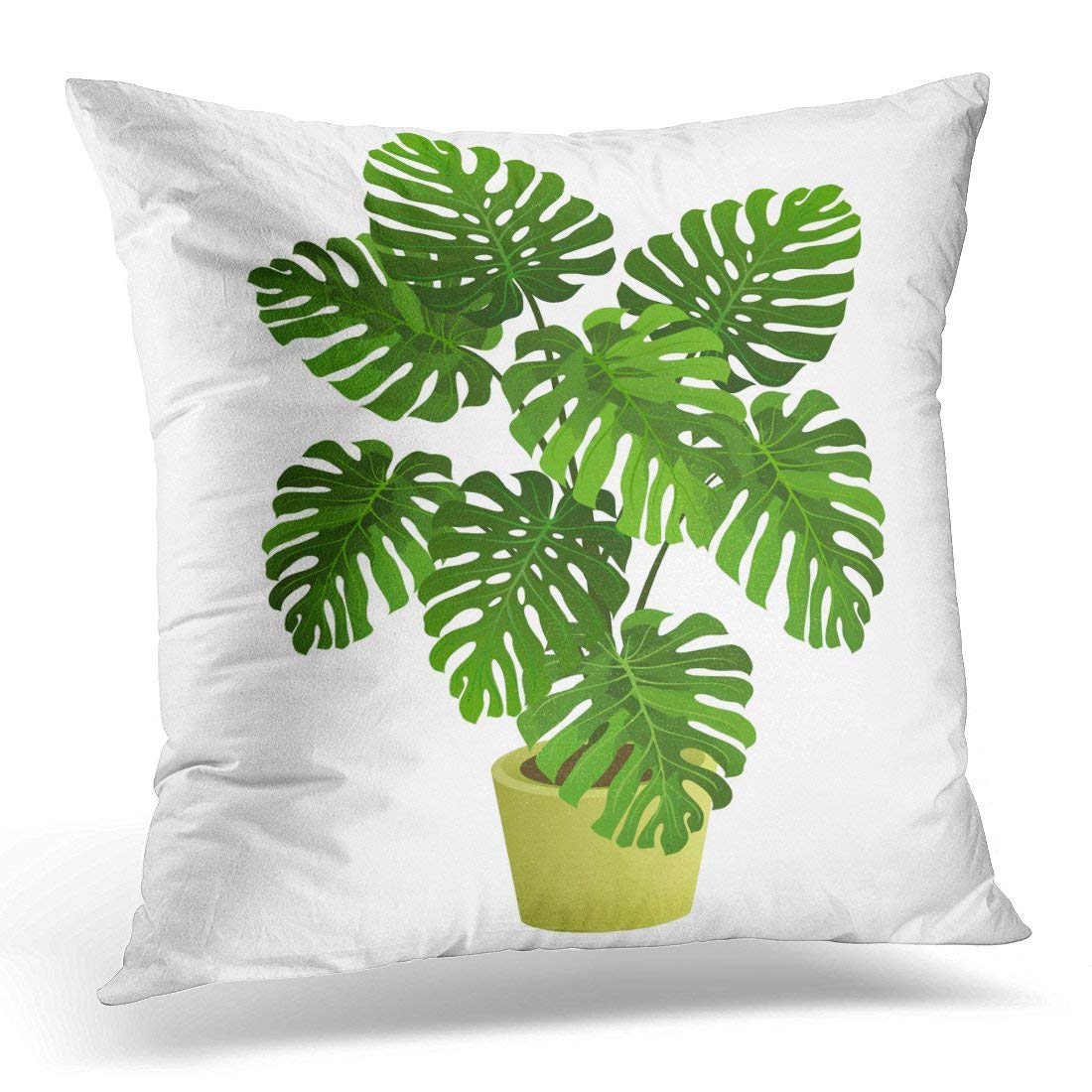 EREHome Green Indoor Monstera Plant in Pot Hand Drawn on White House Pillow Case Pillow Cover