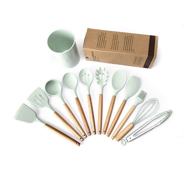 Utensilios de cocina de silicona, 12 piezas, sartén antiadherente, utensilios de cocina, espátula con mango de madera, cuchara para sopa, raspador, traje