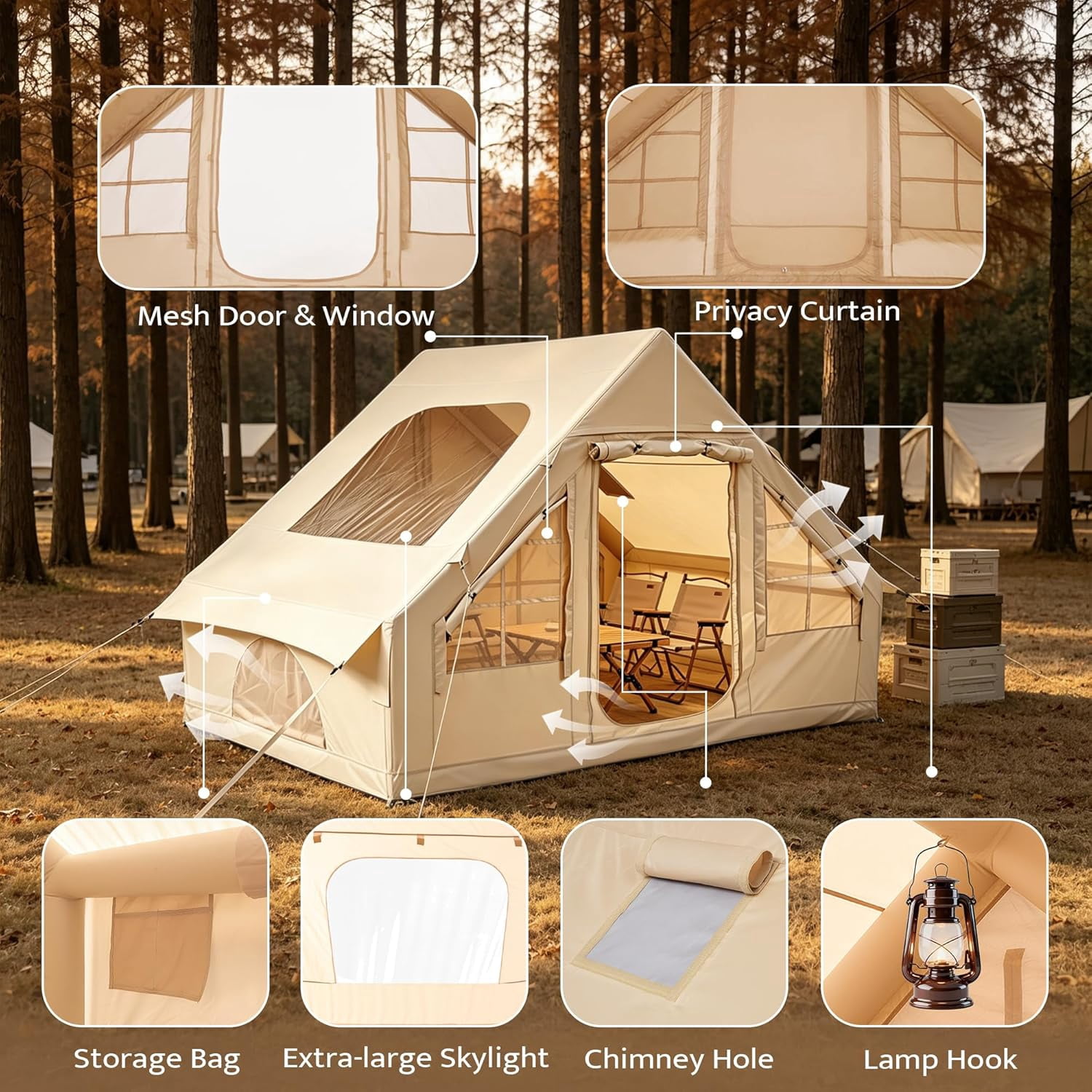 NEORIVER Inflatable Camping Tent with Skylight & Stove Jack – 420D