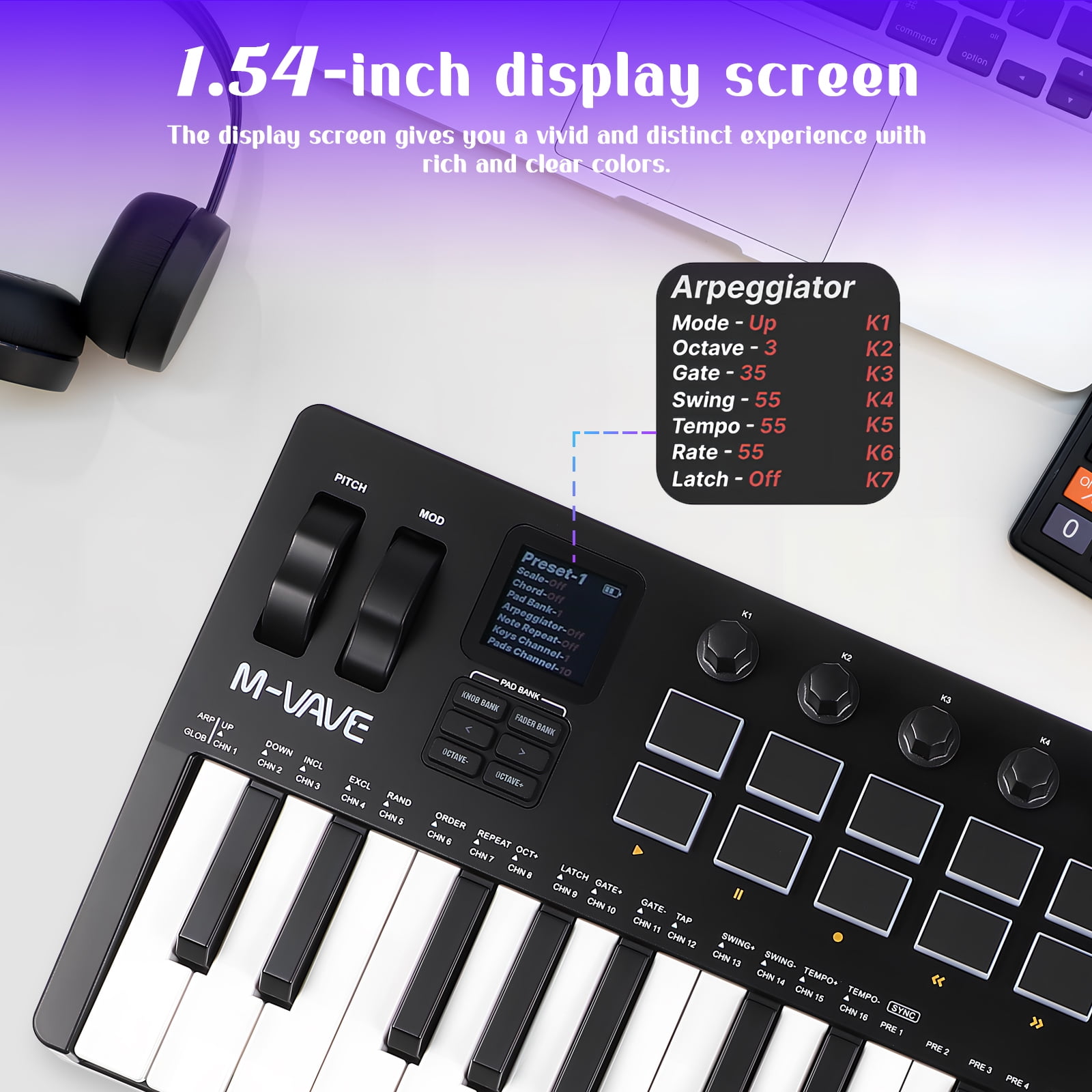37-Key MIDI Keyboard Controller with 16 Backlit Drum Pads, Perfect for Music Production and Beat Making
