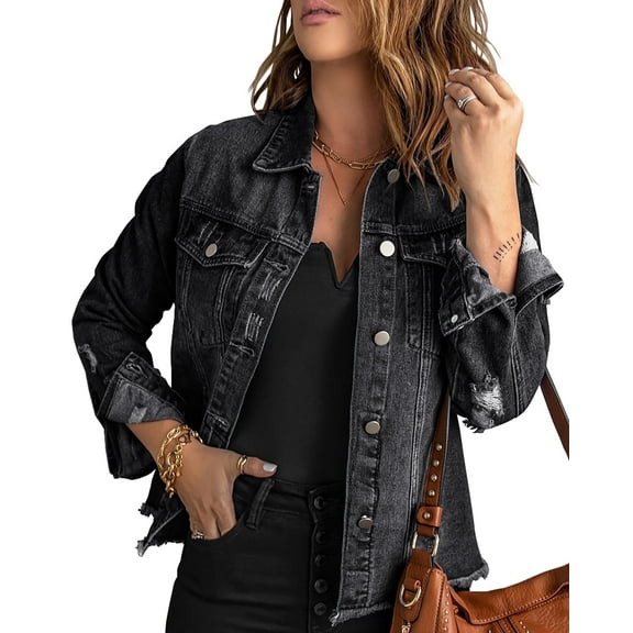 Necooer Women's Jean Jacket Distressed Washed Button Up Boyfriend Denim Jacket Coat With Pockets(black,small)