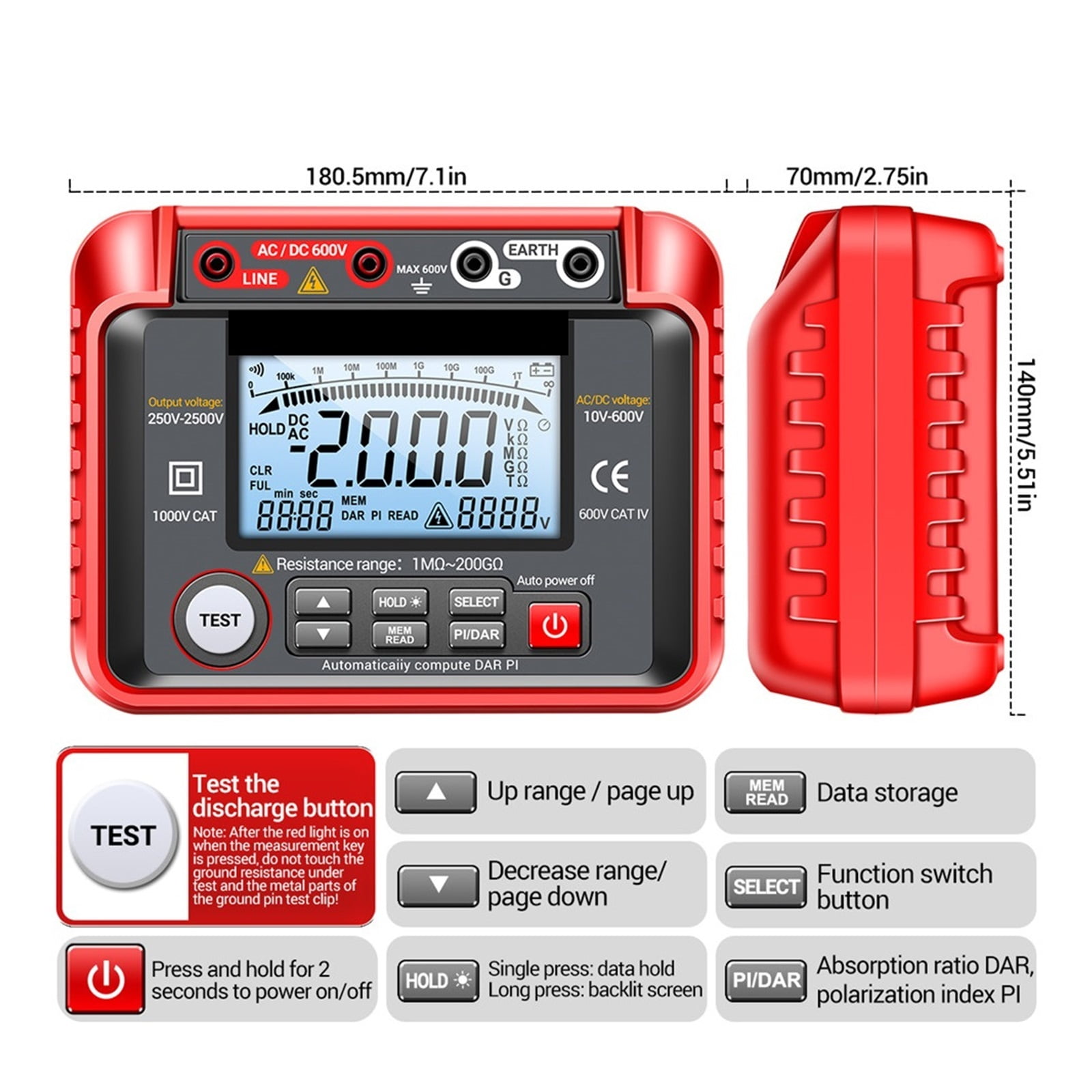 Ohm Tester Digital Multimeter Insulation Earth High Voltage Resistance Meter Tester Megohmmeter Tool