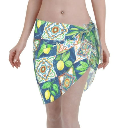 Disketp Lemon And Leaves Women Swimsuit Cover Up Short Chiffon Summer Beach Sarong Bikini Wrap Skirt Bathing Suit