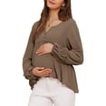 thumbnail image 4 of INSPIRE CHIC Womens Maternity Blouse High Low Tops V Neck Babydoll Button Long Sleeve Lantern Pleated Ruched Frill Pregnancy M Brown, 4 of 6