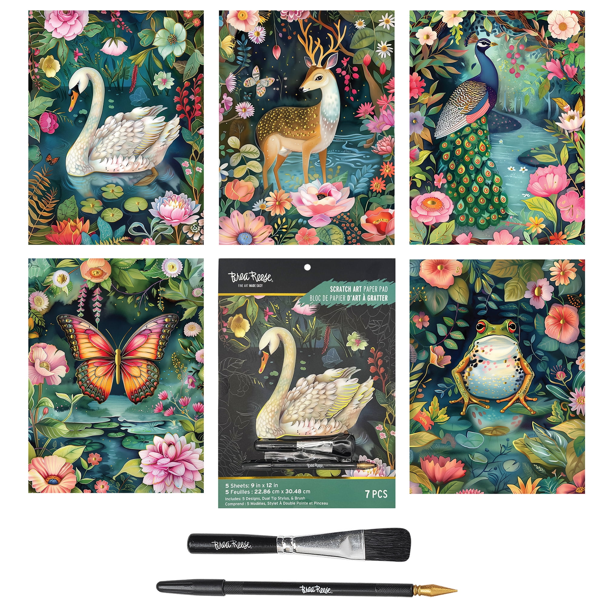 Brea Reese: Scratch Art Paper Pad - Magical Forest - 5 Nature Designs, Metallic Foil, Dual-Tip Stylus & Brush, Easy-to-Frame 9x12 Pages, Adult Craft