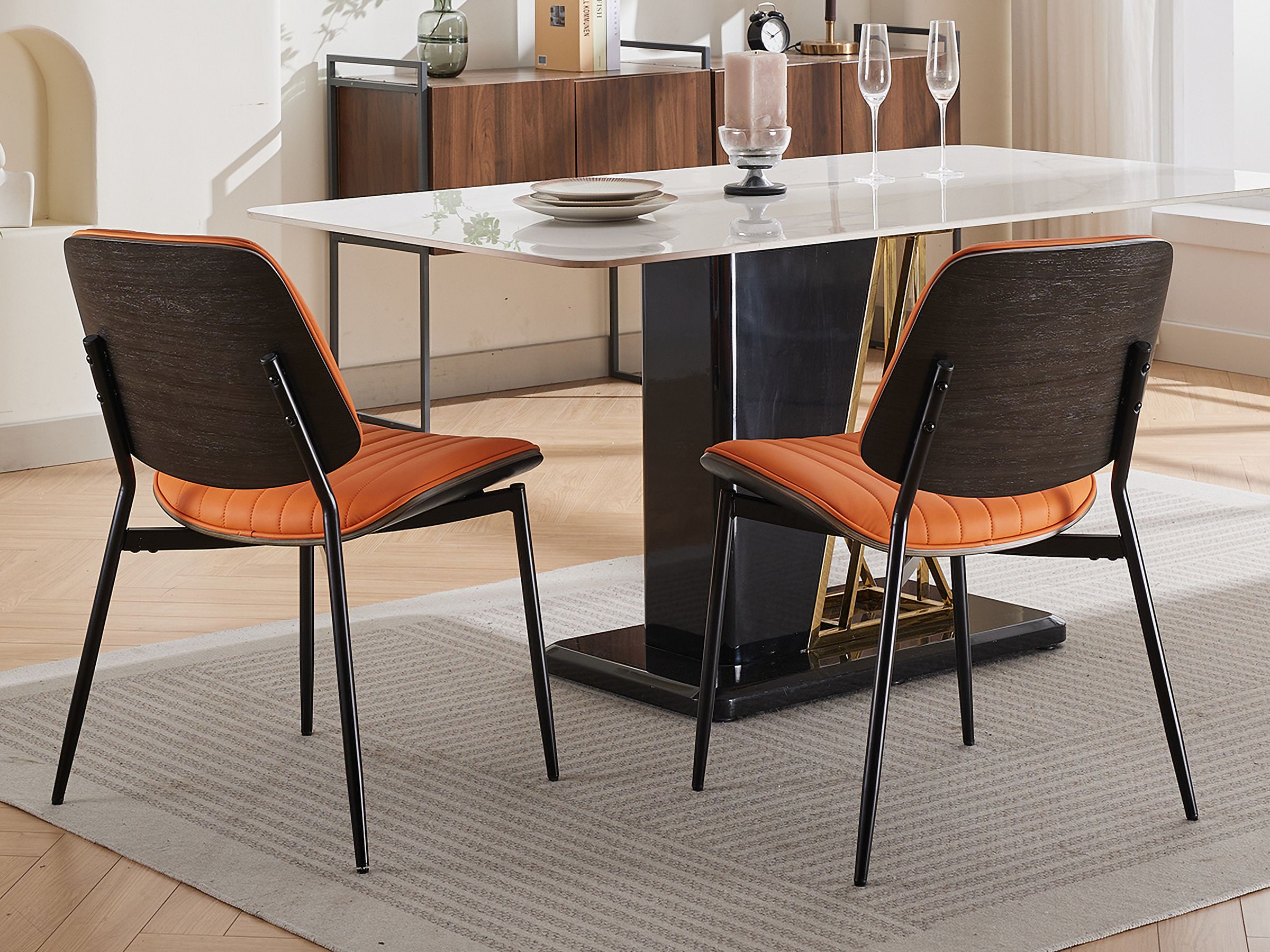 Mid Century Modern Dining Chairs Set of 6, Orange Kitchen & Dining Room Chairs Set of 6, Upholstered PU Leather Kitchen Chairs for Dining Table, Sillas de Comedor, Metal Legs, Walnut Back (Orange)