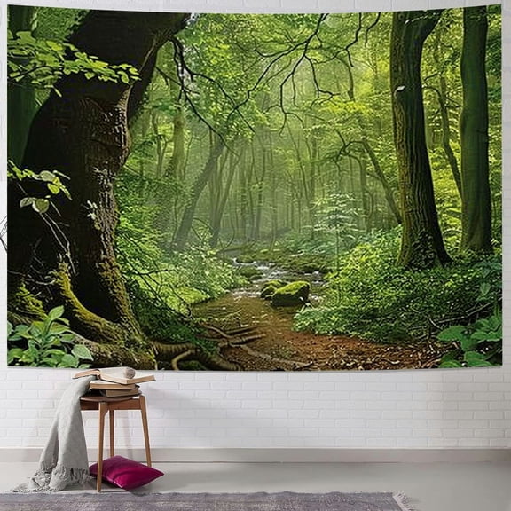 PRATYUS Tapestry Wall Hanging Tree of Life in Forest, Elves Plants Warm Green River Psychedelic Trippy Nature, Tapestries for Bedroom College Dorm Living Room Wall Decor Art-Tree-lined path Painting