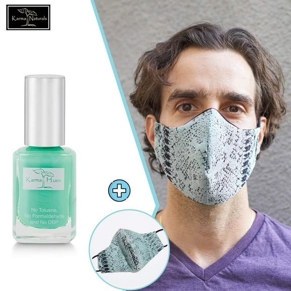 Karma Naturals Nail Polish - Non-Toxic with Matching Fashion Face Mask Breathable Washable Reusable Face Cover for Men & Women (Iridescent Aqua Python Mask)