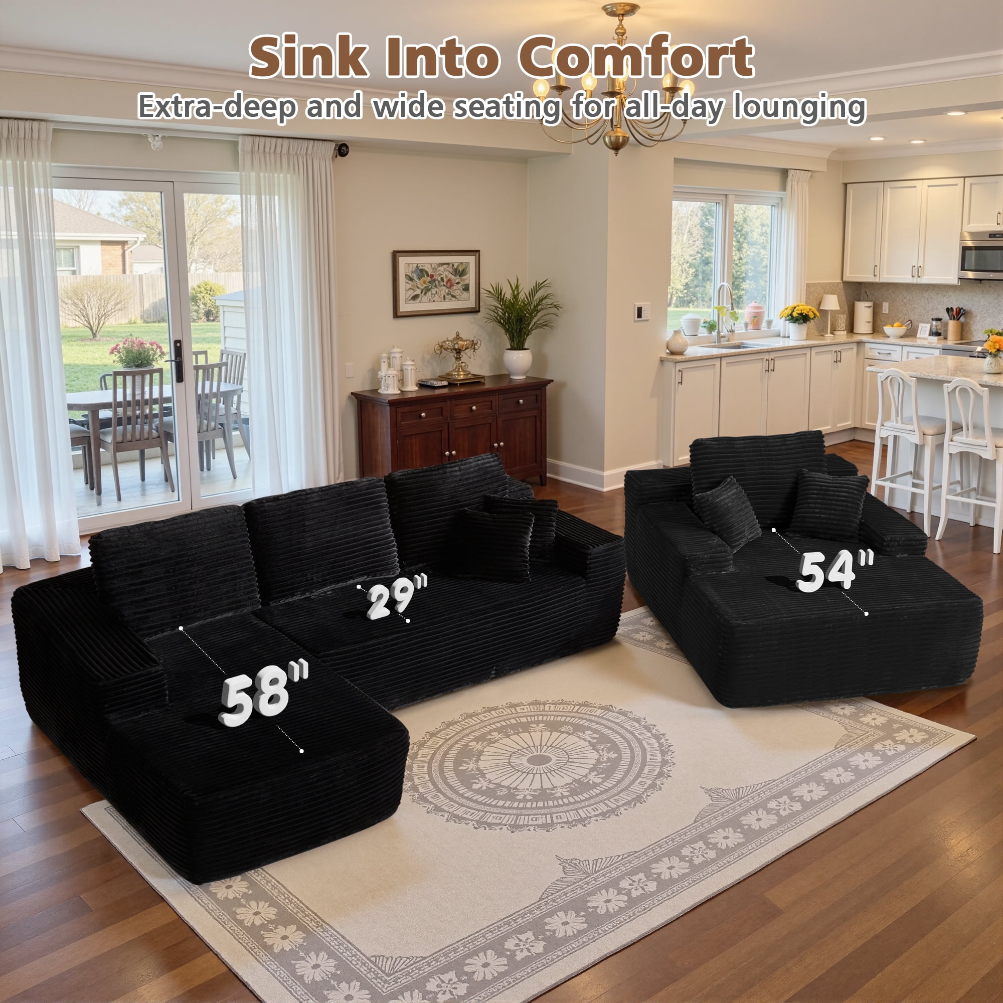 Ovios 106" Modular Cloud Couch Oversized Deep Seat Plush Corduroy Sectional Sofa with Lounge Chair for Living Room, No Assembly, Black