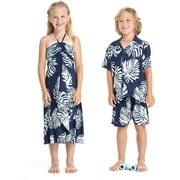 Matching Boy and Girl Siblings Hawaiian Luau Outfits in Palm Leaves in Assorted Colors