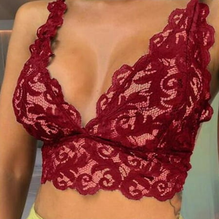 

YIWEI Women s Sexy Lace V-Neck Bikini Lingerie Hollow Out Bra Cami Crop Top Vest Wine Red 3XL