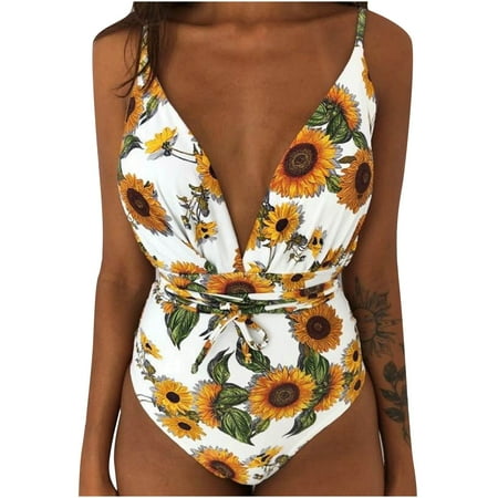 

VKEKIEO One-Piece Swimsuit Sport Bra Style Padded Yellow L