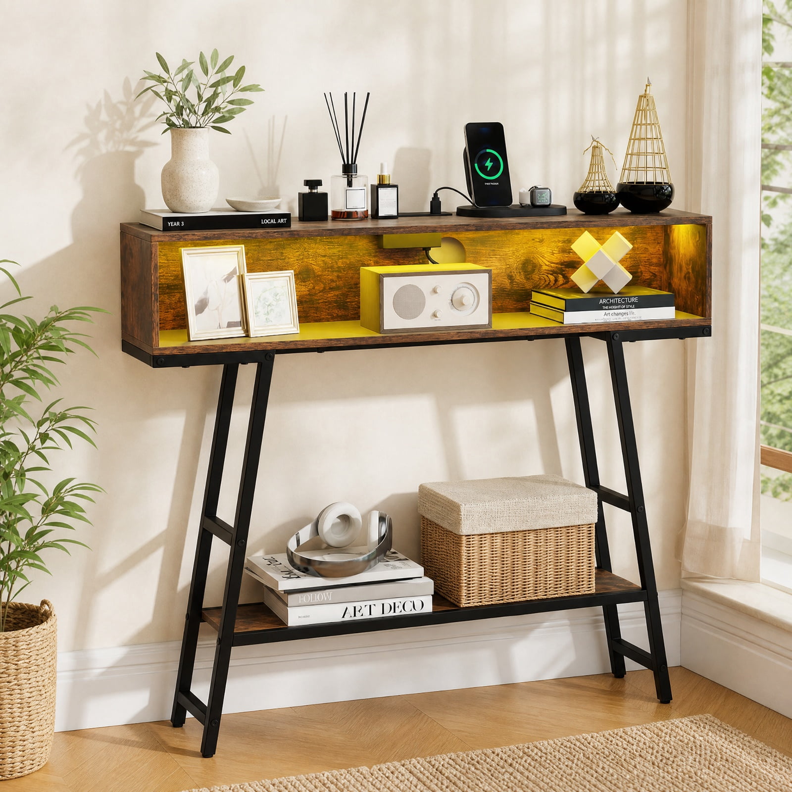 Furnibear 40 Inch Entryway Console Table with USB Type-C AC Charging Station and App Controlled RGB LED Lights for Hallway, Rustic Brown