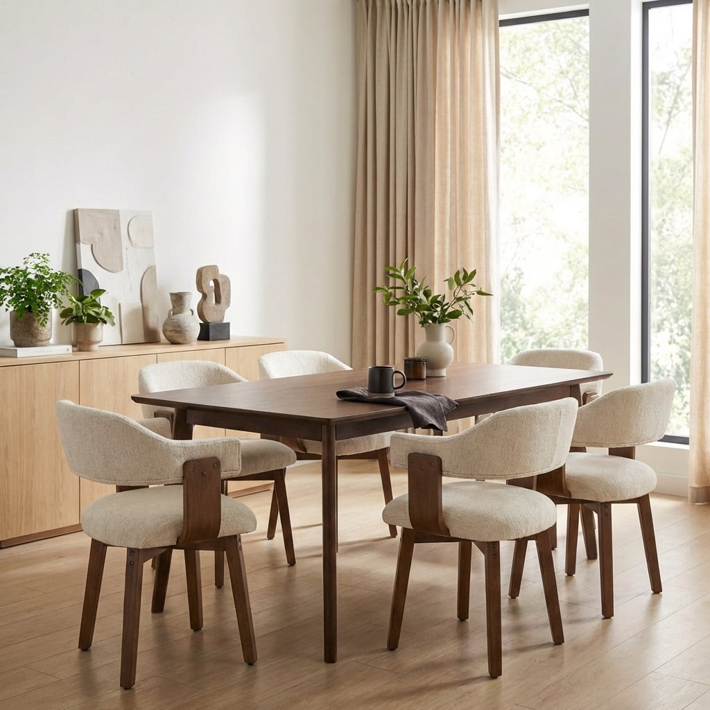 Guyou Modern Dining Chair Set of 2, Chenille Upholstered Dining Room Armchair with Curved Backrest, Mid-Century Wooden Kitchen Side Chairs for Dining Room Living Room, Beige