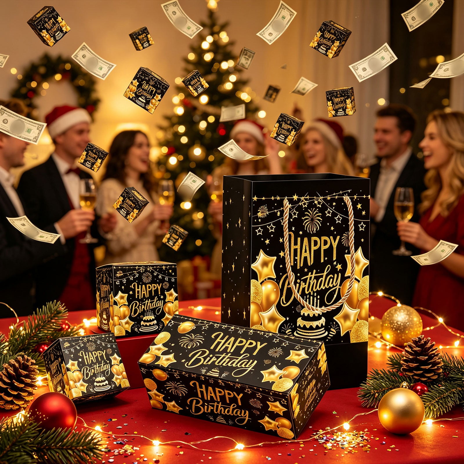 Christmas Surprise Gift Boxes Pop Up Money Explosion Box Set with Festive Printed Designs and Confetti Interactive Birthday Gift Packaging with Matching Carry Bag for Party Celebrations