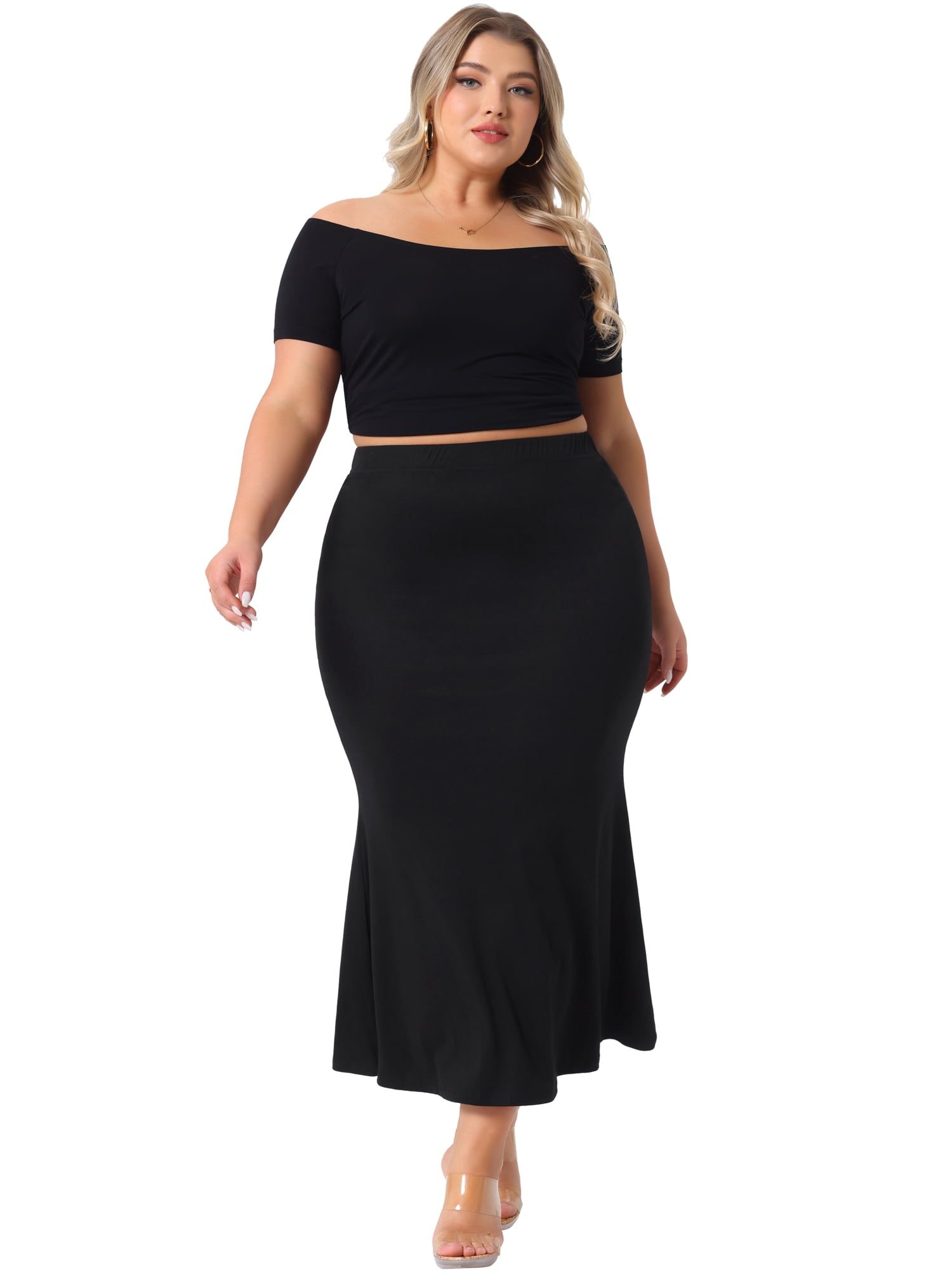 DARING DIVA Women's Plus Mermaid High Waist Knit Bodycon Long Skirts 2X Black
