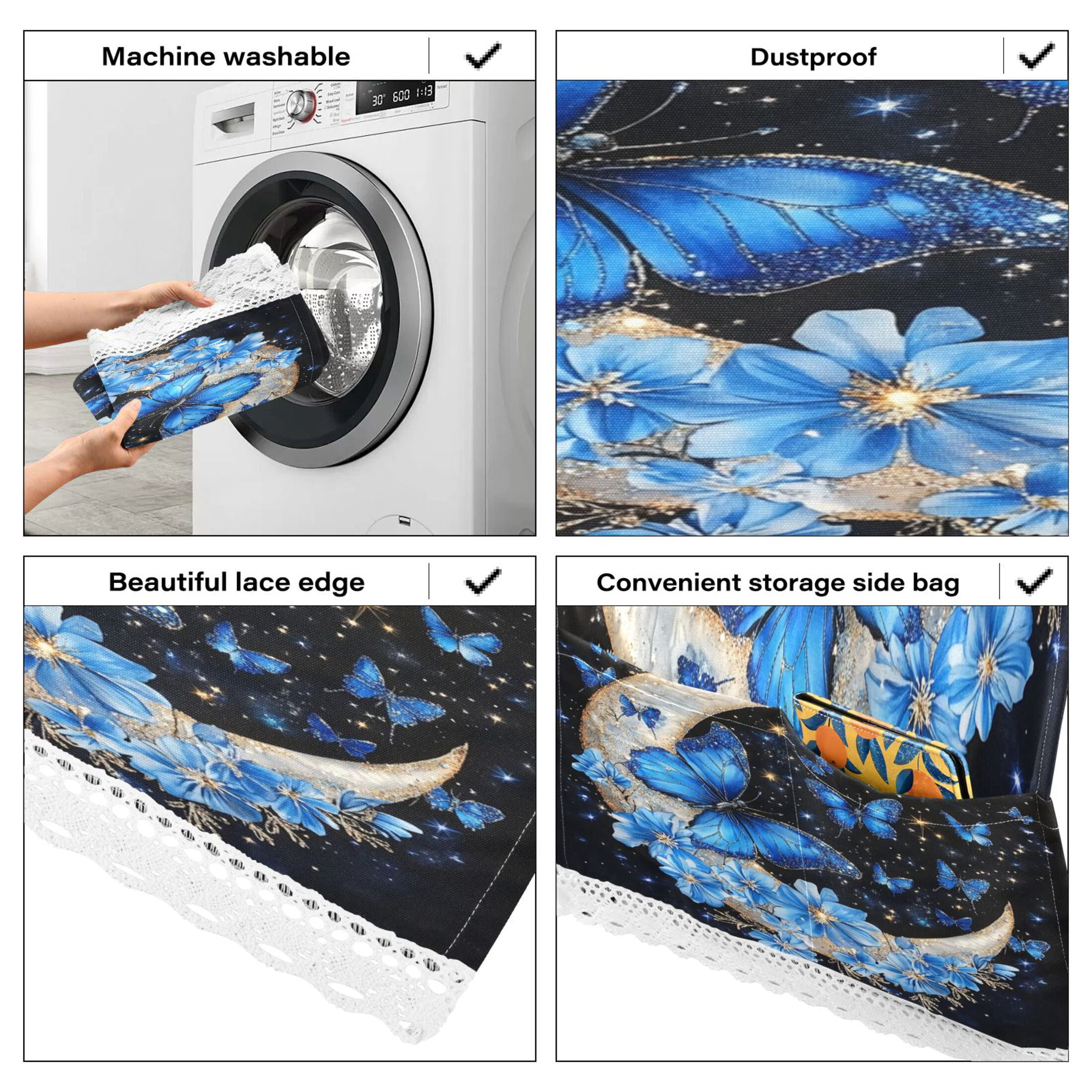 Washing Machine Cover 51.2x22in, Durable Polyester Dust Cover with Lace Trim and Side Pocket for Appliances Moon with Butterflies