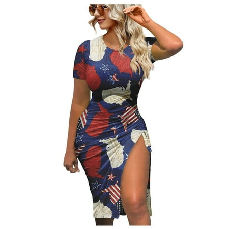 

Hvyesh 4th of July Dresses Women Summer Plus Size Bodycon Dress Beach Print Crew Neck Sundresses Bohemian Short Sleeve Trendy Dresses 2023 Dark Blue