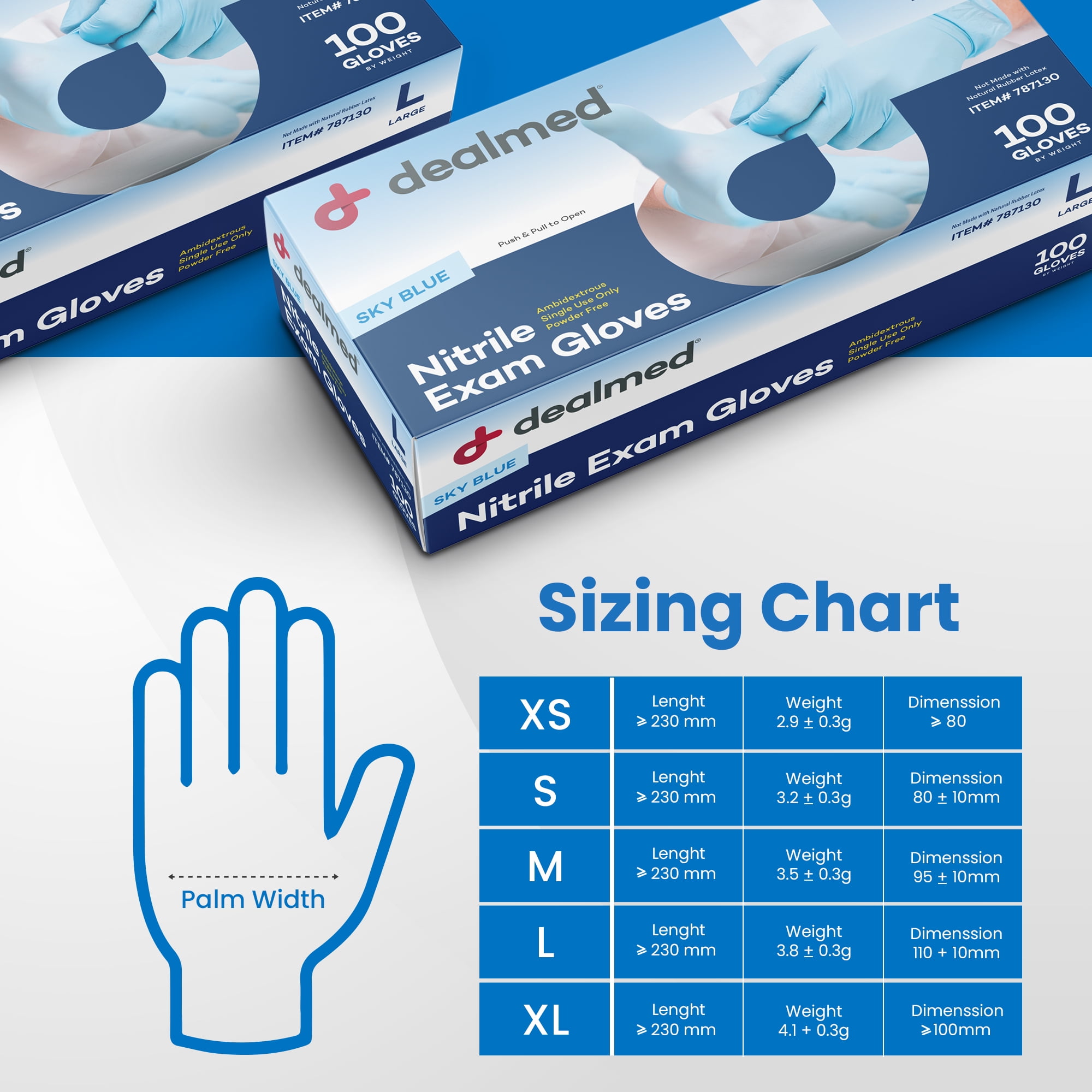 Dealmed Nitrile Exam Gloves | Powder-Free, Latex-Free Medical Gloves | Disposable Gloves for Food Prep, Cleaning, Tattoo, Hair Dye, Medical & Surgical Use | Sky Blue, Large - 100/Box (Pack of 10)