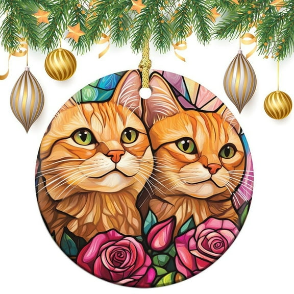 Christmas Ceramic Ornament Cat Lover Gift Double-Sided Printed 3" Ceramic Christmas Ornament Two Orange Cats Christmas Tree Decorations for Woman Friend Birthday