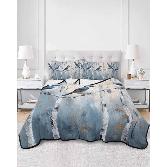 Quilts Twin XL Size, Teal Forest Birds Soft Comforter Bedding Set for Bed, Modern Oil Painting Farmhouse Lightweight Quilted Bedspread with Pillow Cover(2 Pieces) for All Season, 68x98 Inch