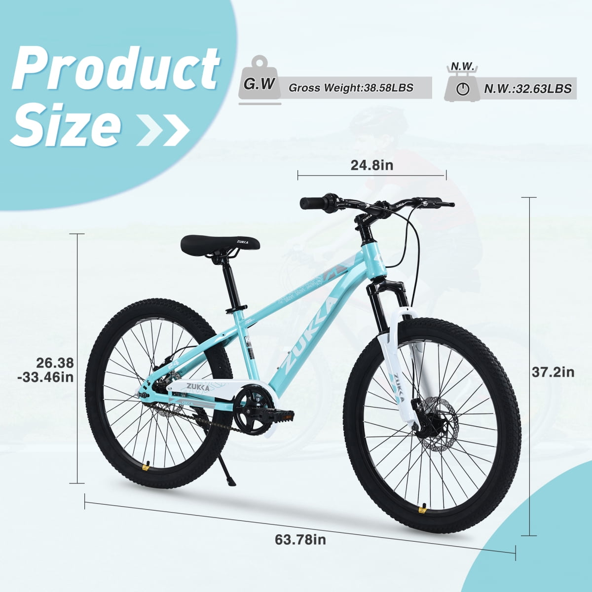 LuckyNote Mountain Bike 24 Inch MTB, Steel Frame, Single Speed, Double Disc Brake, Cyan
