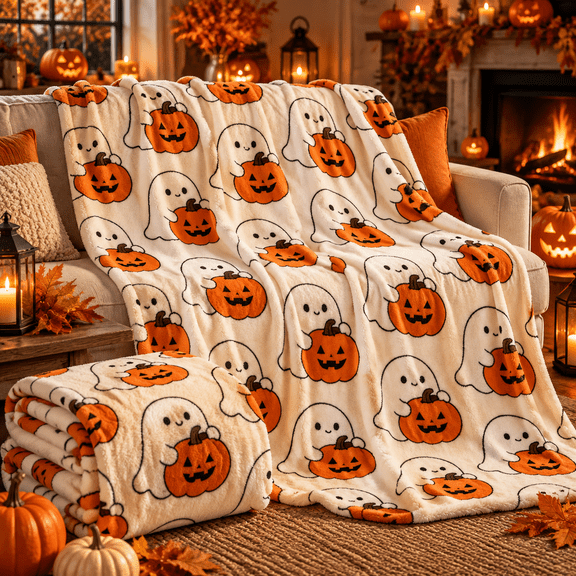 Halloween Blanket Ghost and Pumpkin Print Throw Blanket for Sofa Couch Bed Living Room Bedroom Holiday Decor