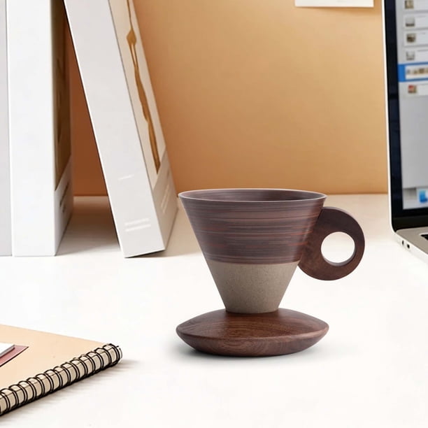 Elegante taza cónica de cerámica con asa y base de madera | Diseño vintage en forma de embudo para café vertido | Capacidad de 200 ml