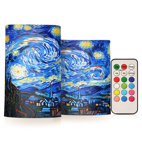 ALAZA Oil Paint Starry Night Pattern 2 PCs LED Flickering Flameless Candles with Remote Timer Battery Operated Candle