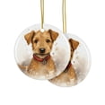 thumbnail image 2 of DistinctInk Hanging Ceramic Christmas Tree Ornament with Gold String - Great Gift/Present - 2 3/4 inch Diameter - Lakeland Terrier Puppy Drawing Design, 2 of 4