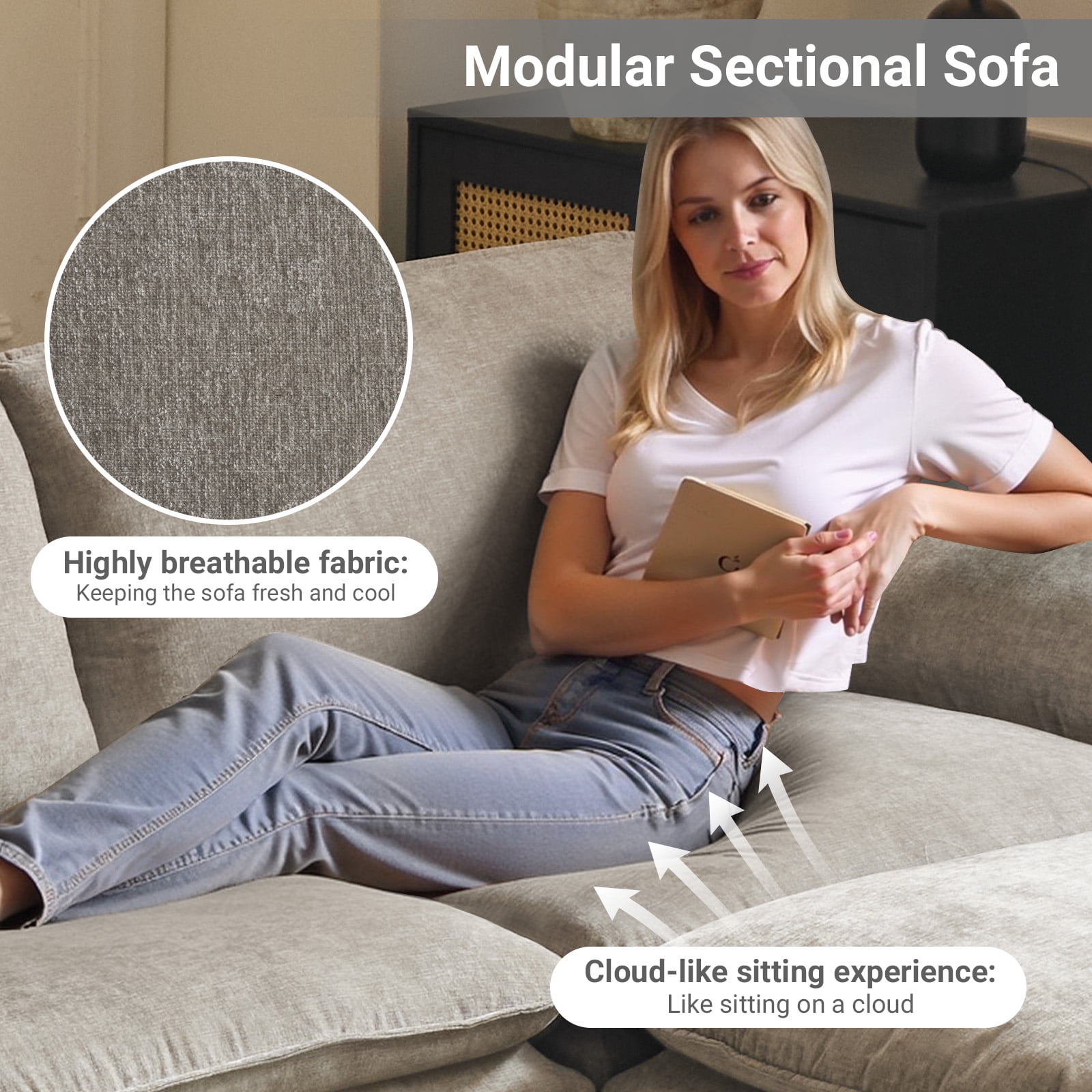 Ktaxon 120" W Sectional Sofa U Shaped Couch with Double Chaise Chenille Sleeper Set with 3 Oversized Seats Light Gray