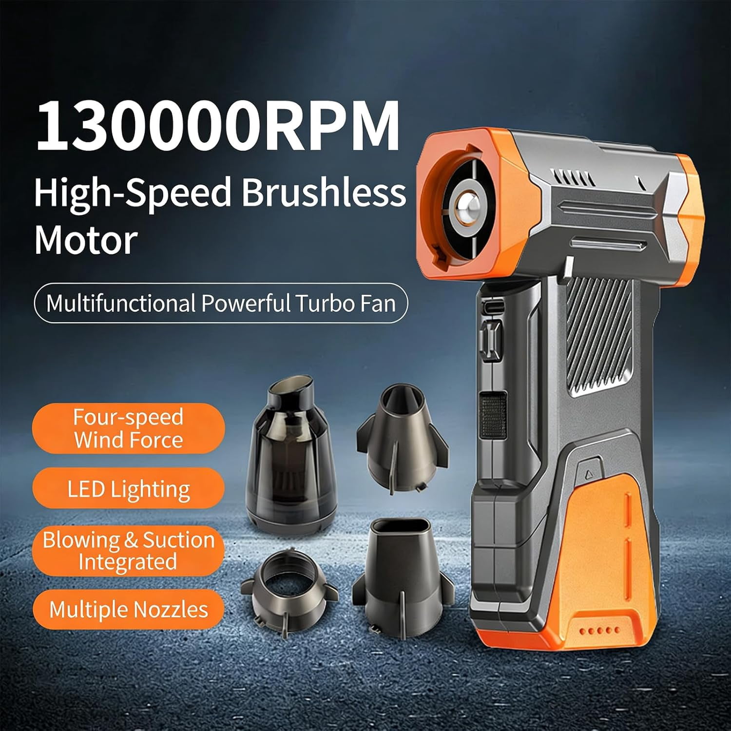 Asoricing Compressed Air Duster with Flashlight, 130,000RPM Powerful Electric Air Duster Blower Rechargeable with Brushless Motor, 4-Gear Adjustable Mini Air Blower Cordless, Orange