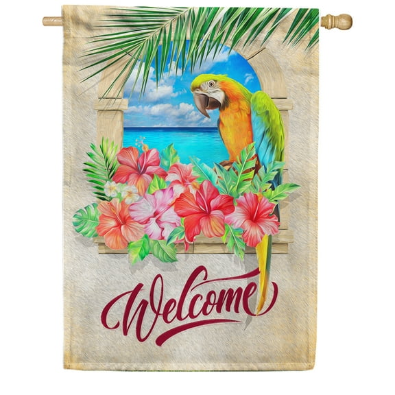 America Forever Welcome Macaw Hibiscus Summer House Flag 28 x 40 inches Tropical Bird Flowers Palm Leaves Nautical Double Sided Seasonal Yard Outdoor Decorative Coastal House Flag
