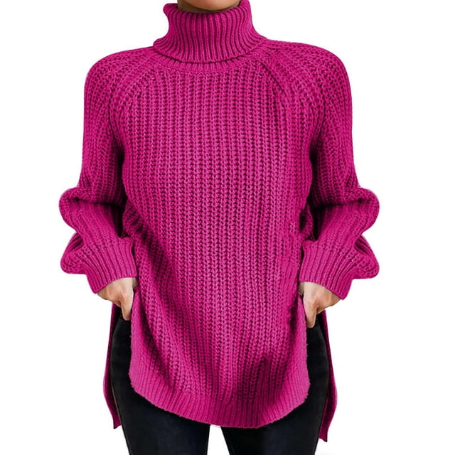 GDREDA Chandail Tendance à Col Roulé pour Femmes Ourlet Fendu Manches Longues chandail Habillé Décontracté Travail Rose Vif,TTG