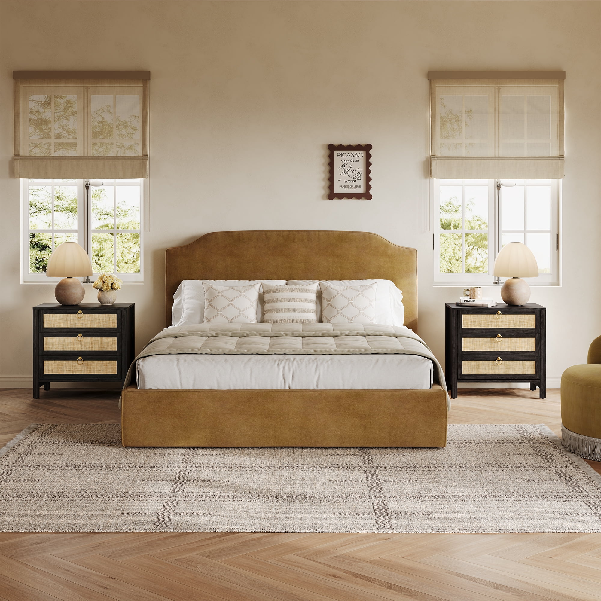 SICOTAS 26.78"W Black Nightstand 3 Drawer Dresser Set of 2, Boho Night Stands Large Nightstand with 3 Drawers, Rattan Beside Table 25.67" Tall End Table for Bedroom Enterway Living Room