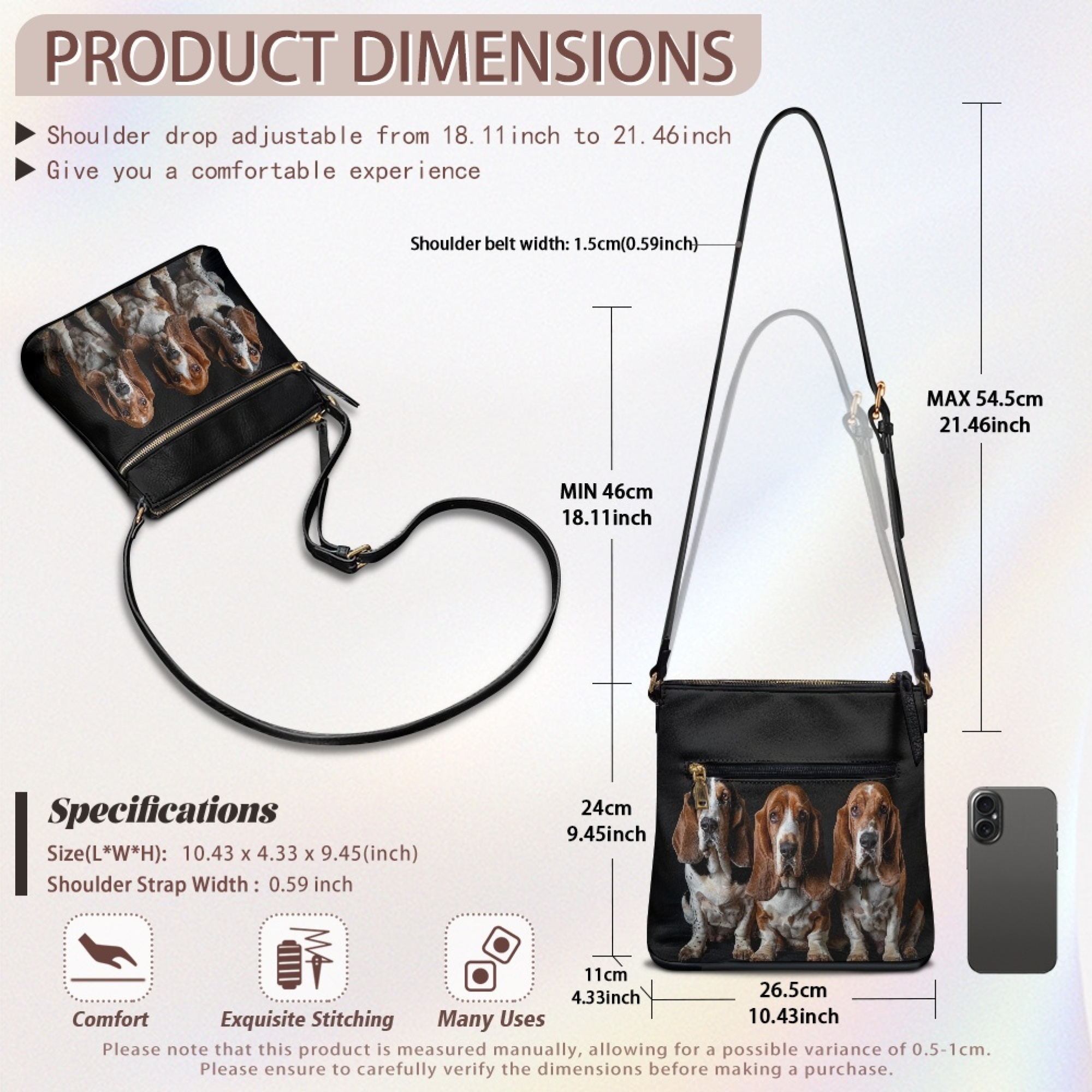 Kuiaobaty Basset Hound Print Crossbody Bag for Women Trendy, Waterproof Vegan Leather Messenger Handbag with Adjustable Strap, Roomy Multi Pockets Shoulder Purse Crossbody for Travel