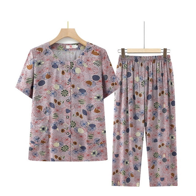 Ensembles de Pyjama pour Femmes 2 Pcs, Blouse à Manches Courtes Col Rond Imprimé Mode Pantalon Court Ensemble de Pyjama