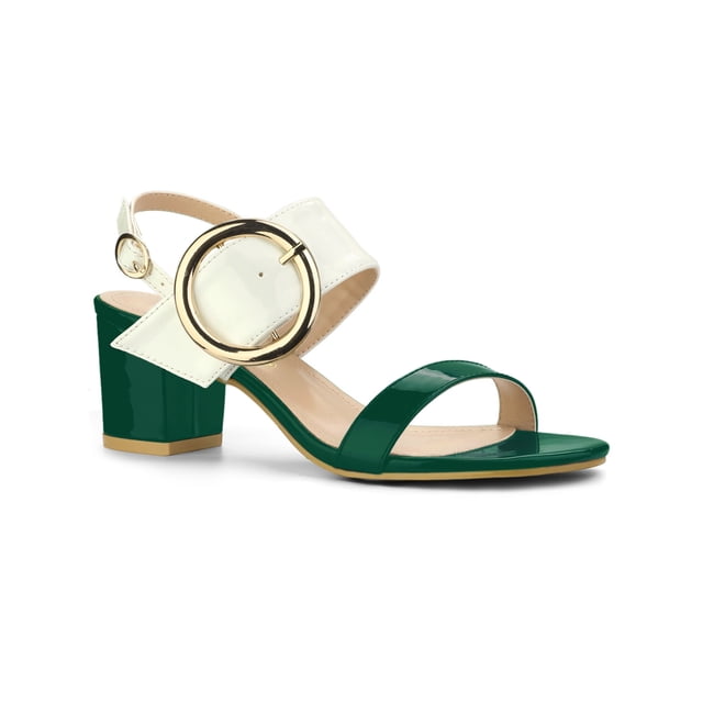 BLISSFUL STEP Style Slingback Sandals Contrast Color Chunky Heel Big Circle Buckle Sandals Green White 8