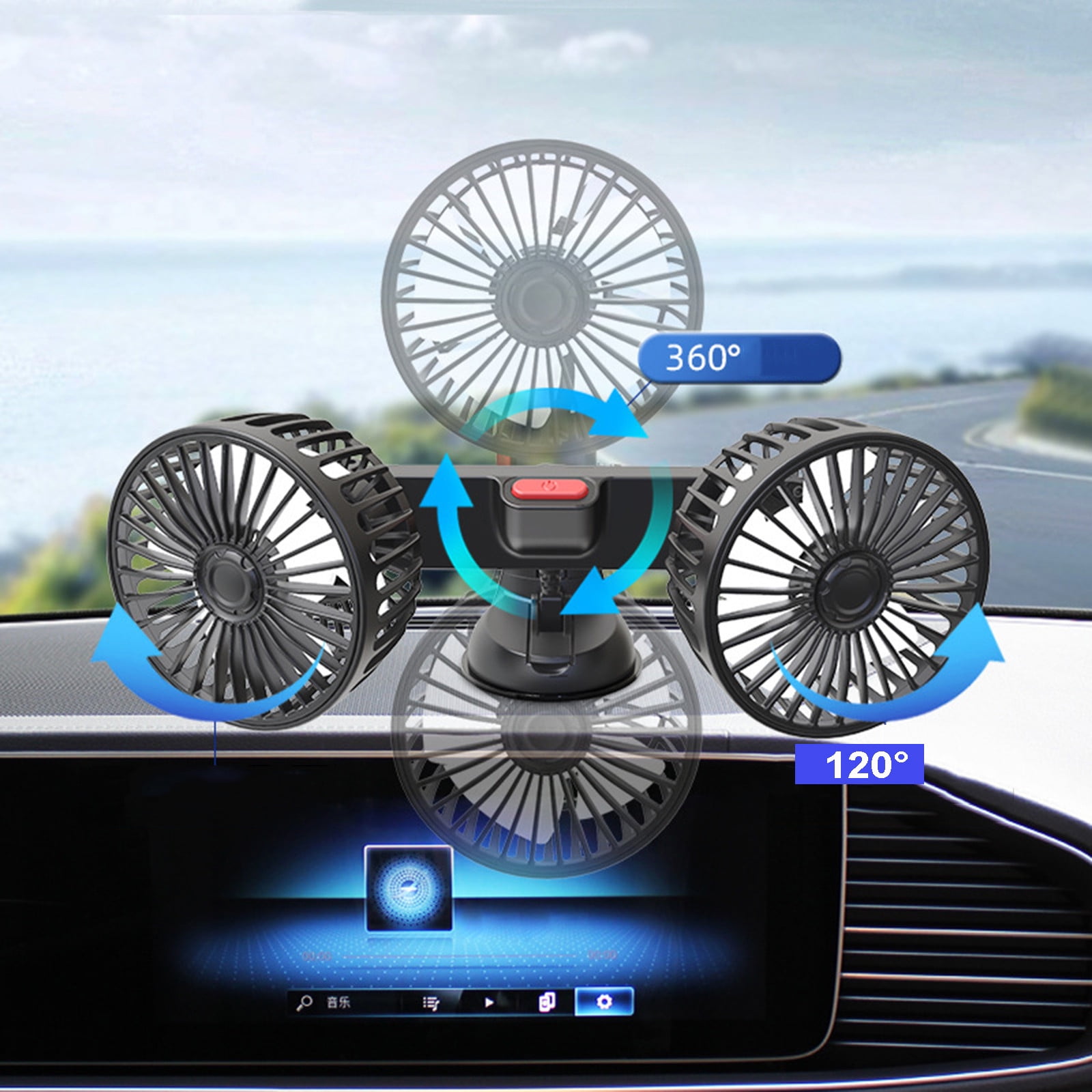 Dual Head Car Fan with Strong Suction Cup, 360掳 Rotatable USB Auto Cooling Fan, 3-Speed Quiet Portable Fan with 71" Long Cable for Truck, SUV, RV, Office & Home
