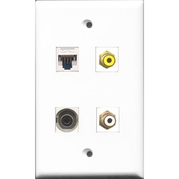 RiteAV 1 Port RCA White and 1 Port RCA Yellow and 1 Port 3.5mm and 1 Port Cat5e Ethernet White Wall Plate