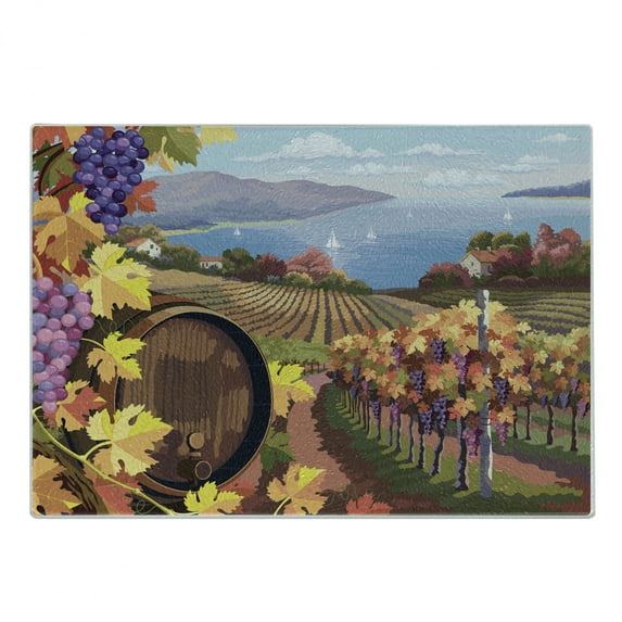 Winery Cutting Board, Countryside Landscape Vineyard Agriculture Winemaking Season Grapes in Farm Print, Decorative Tempered Glass Cutting and Serving Board, Small Size, Blue Yellow, by Ambesonne